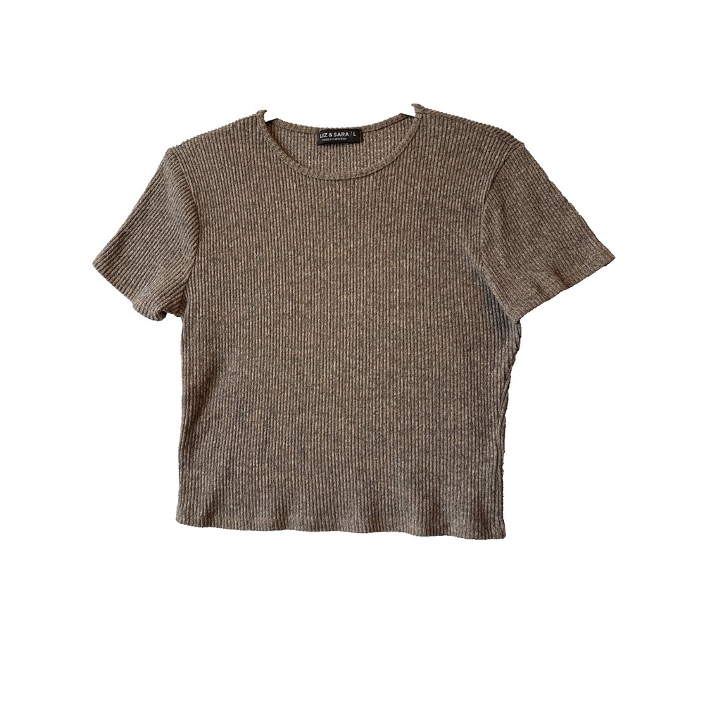 Liz & Sara Ribbed Mushroom Brown Short Sleeve Fitted Cropped Top L 90s Y2K Boho